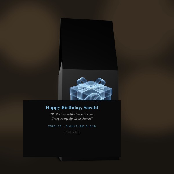 Example personalized coffee bag showing name and message